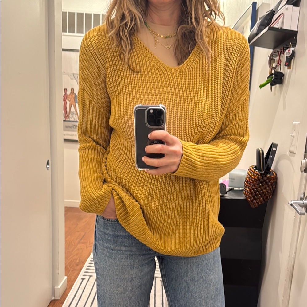 Jenni Kayne Mustard V-Neck Sweater with Chunky Knit and Relaxed Fit